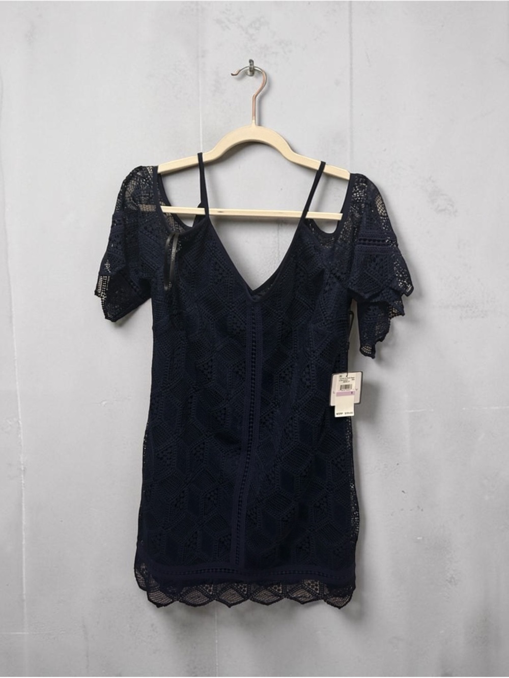 Laundry By Shelli Segal Navy Crochet Cold-Shoulder Mini Dress